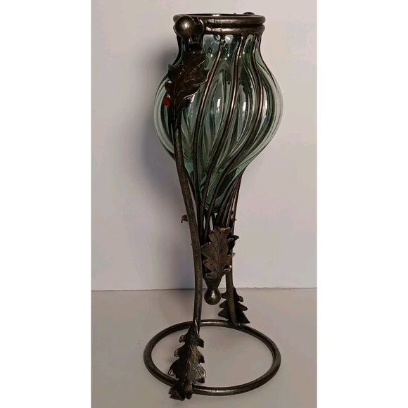 Amphora Vase Hand Blown Caged Green Glass Metal Leaves Stand 14.5" - Picture 3 of 16
